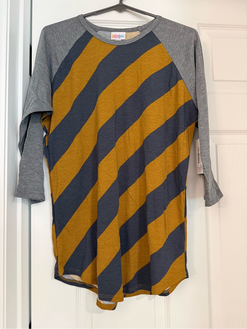 LuLaRoe Randy Mustard & Charcoal Stripe Raglan Top